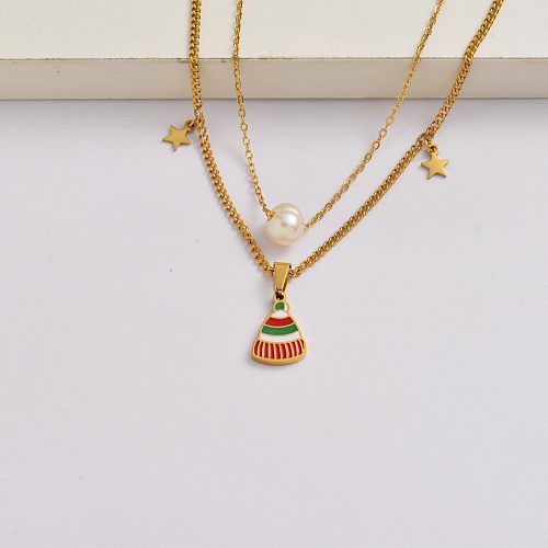 Christmas hat chain 18k gold plated stainless steel christmas charm necklace-SSNEG142-34869