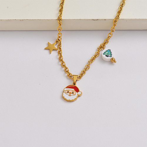 Corrente de Papai Noel banhado a ouro 18k colar de Natal de aço inoxidável-SSNEG142-34843