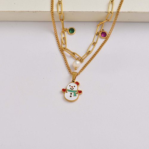 Christmas snowman pearl crystal chain 18k gold plated stainless steel necklace christmas gifts for girlfriend-SSNEG142-34832