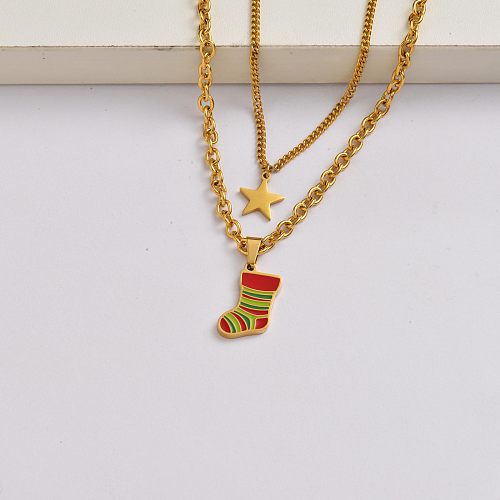 Weihnachtssockenkette 18k vergoldet Edelstahl Weihnachtsanhänger Halskette-SSNEG142-34858