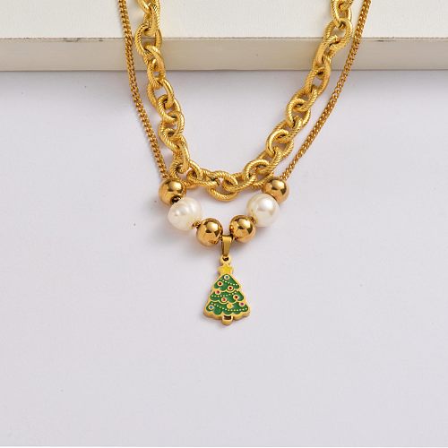 Chaîne d'arbres de Noël collier en acier inoxydable plaqué or 18 carats cadeau de Noël-SSNEG142-34897