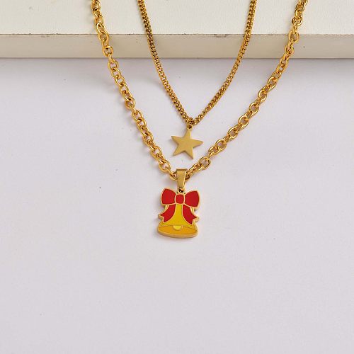 Christmas bell star chain 18k gold plated stainless steel christmas charm necklace-SSNEG142-34840