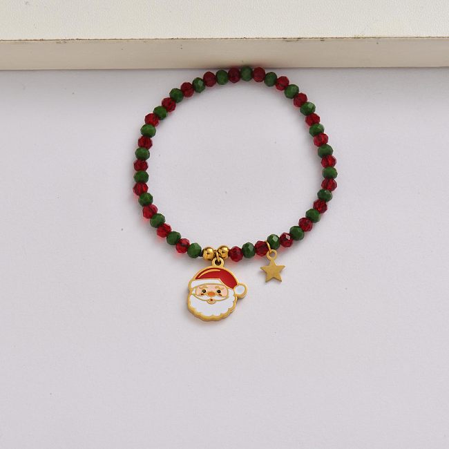 Pulsera con dijes navideños de acero inoxidable chapado en oro de 18 quilates con cadena de Papá Noel-SSBTG142-34964