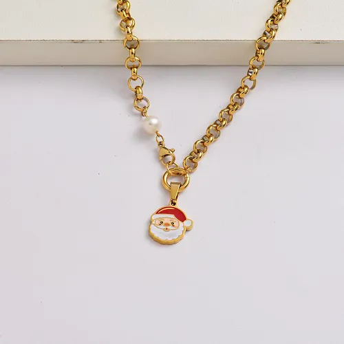 Santa Claus chain 18k gold plated stainless steel christmas charm necklace-SSNEG142-34885