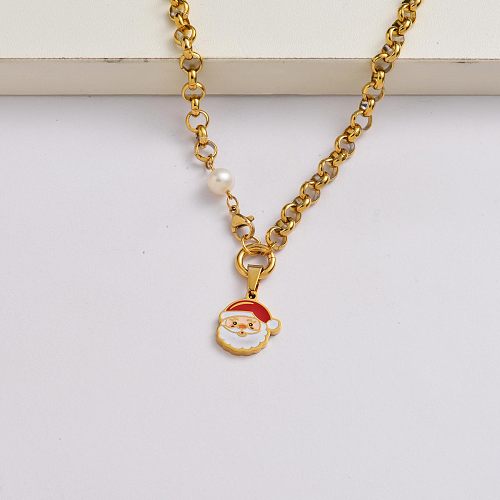 Collar con dijes navideños de acero inoxidable chapado en oro de 18 quilates con cadena de Papá Noel-SSNEG142-34885