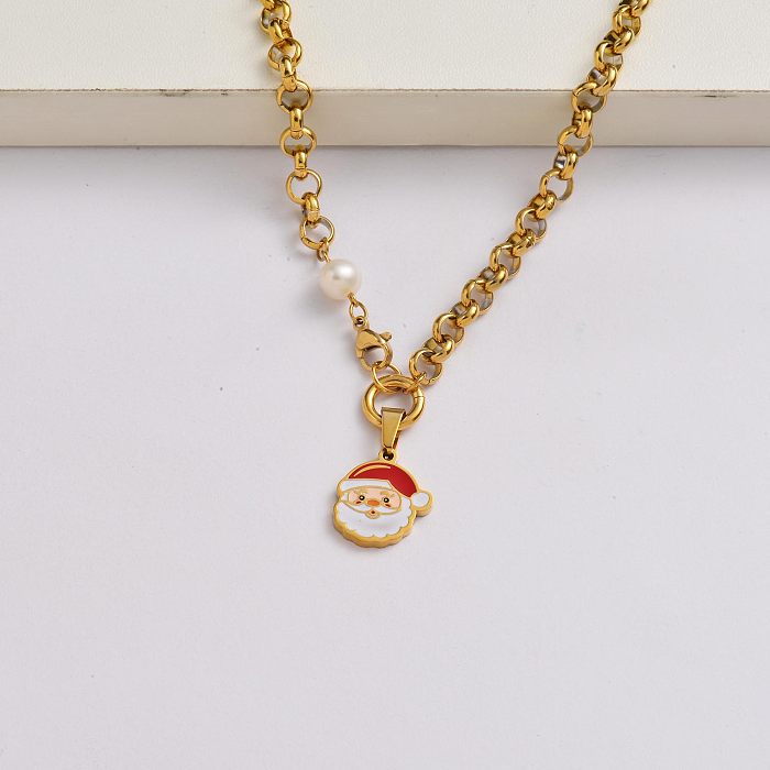 Collar con dijes navideños de acero inoxidable chapado en oro de 18 quilates con cadena de Papá Noel-SSNEG142-34885