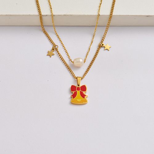 Christmas bell star chain 18k gold plated stainless steel christmas charm necklace-SSNEG142-34876