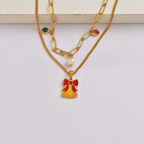 Cloche de Noël chaîne en cristal de perles collier en acier inoxydable plaqué or 18 carats cadeaux de Noël pour maman-SSNEG142-34827