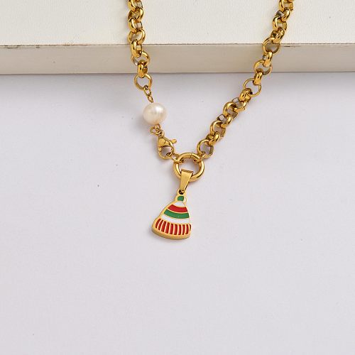 Christmas hat chain 18k gold plated stainless steel christmas charm necklace-SSNEG142-34890