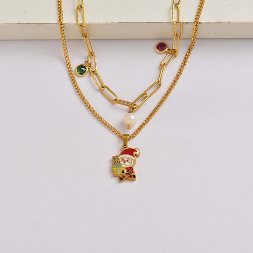 Santa Claus pearl crystal chain 18k gold plated stainless steel jewelry for christmas-SSNEG142-34835