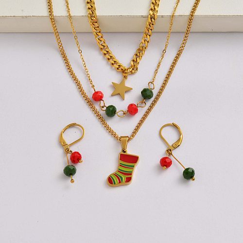 Christmas sock chain 18k gold plated stainless steel christmas charm jewelry set-SSCSG142-34913