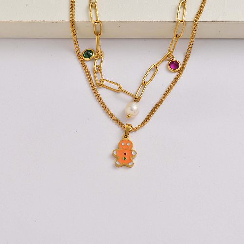 La chaîne de cristal de perle Gingerbread Man collier en acier inoxydable plaqué or 18 carats pas cher cadeaux de Noël-SSNEG142-34833