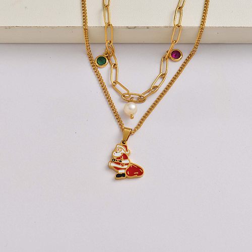 Cadena de cristal de perlas de Papá Noel collar de acero inoxidable chapado en oro de 18 quilates regalos de navidad-SSNEG142-34826