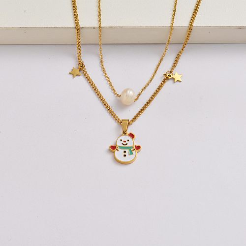 Christmas snowman chain 18k gold plated stainless steel christmas charm necklace-SSNEG142-34873