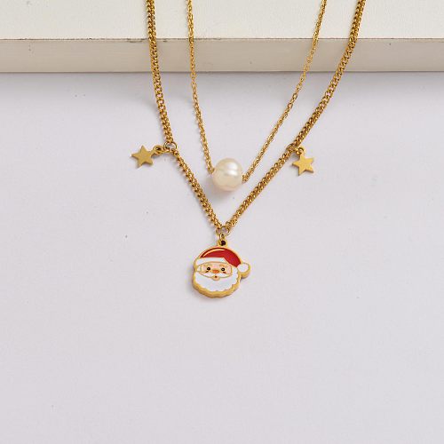 Chaîne du Père Noël en acier inoxydable plaqué or 18 carats collier de breloques de Noël-SSNEG142-34872