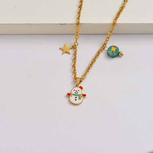 Christmas snowman chain 18k gold plated stainless steel christmas charm necklace-SSNEG142-34855