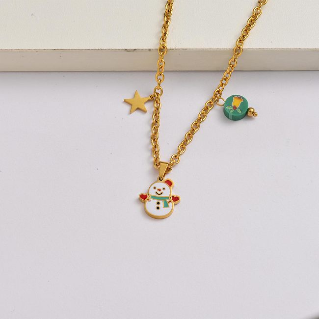 Corrente de boneco de neve de Natal de aço inoxidável banhado a ouro 18k colar pingente de Natal-SSNEG142-34855