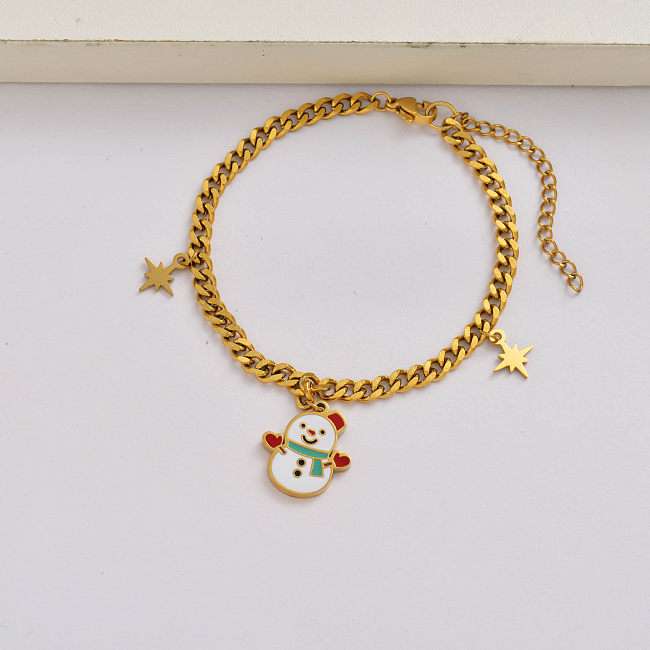 Christmas snowman chain 18k gold plated stainless steel christmas charm bracelet-SSBTG142-34927
