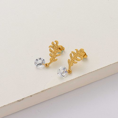 brincos de cristal de penas banhados a ouro 18k de aço inoxidável-SSEGG143-34281