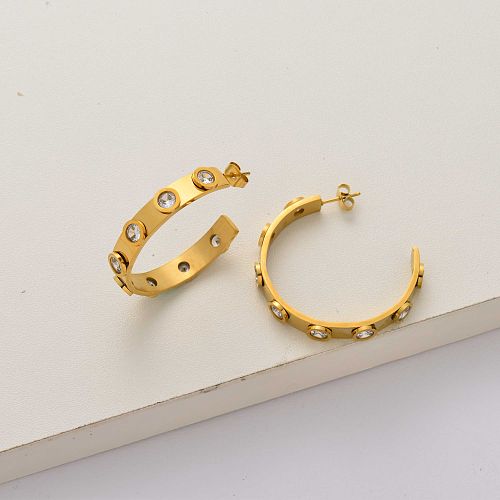 crystal 18k gold plated stainless steel hoop earrings-SSEGG143-34290