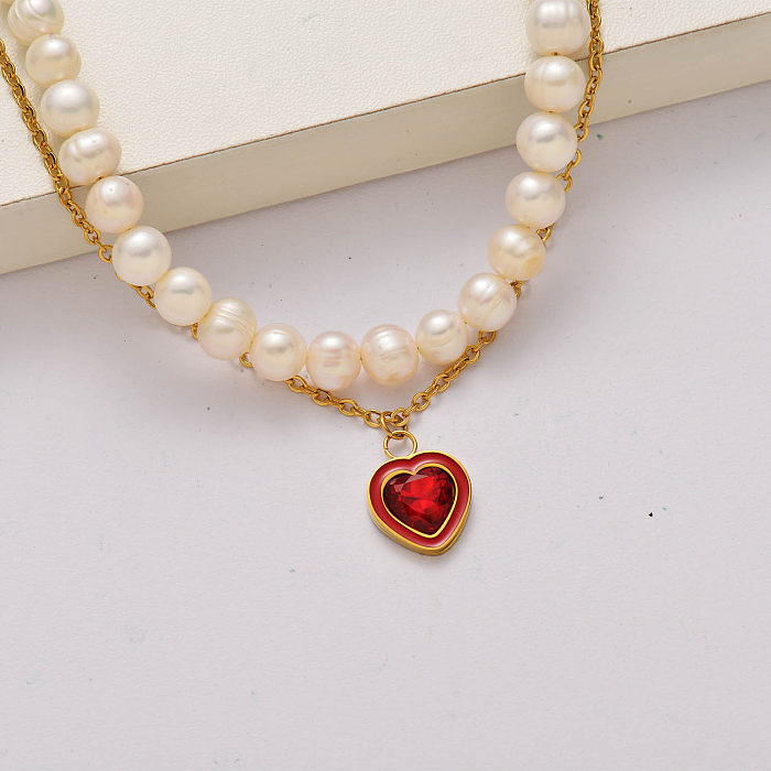 Collar de acero inoxidable chapado en oro de 18 quilates con perlas de agua dulce de cristal de corazón de moda-SSNEG142-34793