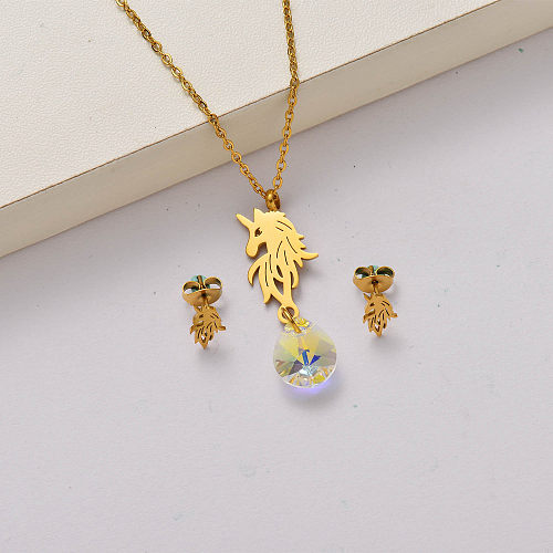 Unicorn crystal 18k gold plated stainless steel jewelry sets-SSCSG142-34803