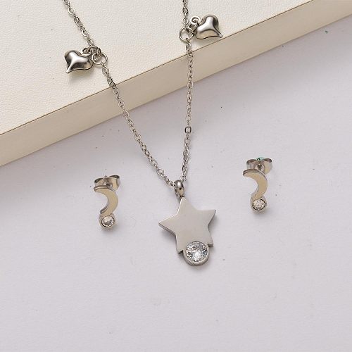 Conjuntos de joyas de acero inoxidable con perlas de cristal de estrella y luna-SSCSG142-34800