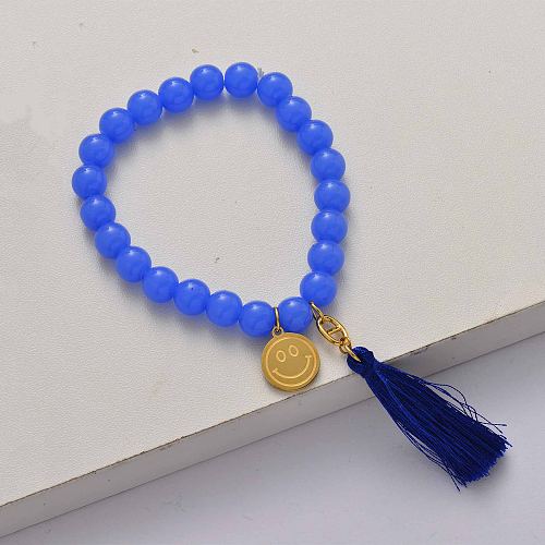 Smiling face blue tassel elasticated beaded bracelet-SSBTG142-34650