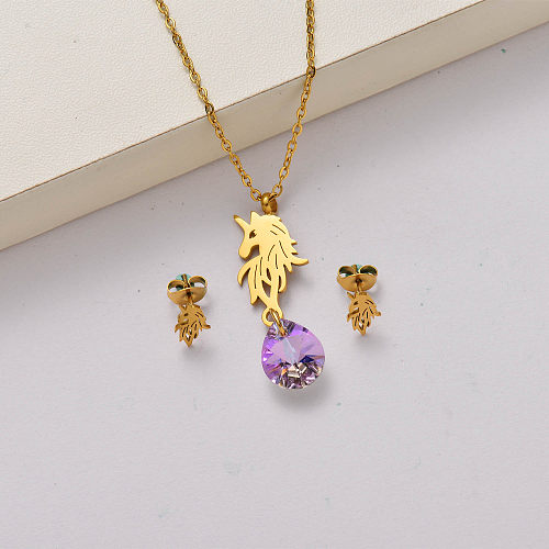 Conjuntos de joyas de acero inoxidable chapado en oro de 18 quilates con cristal de unicornio-SSCSG142-34801