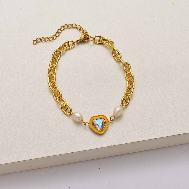 Heart pearl 18k gold plated stainless steel bracelet-SSBTG142-34724