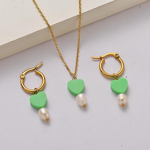 Fashion fresh water pearl 18k gold plated stainless steel jewelry sets-SSCSG142-34816
