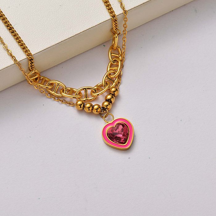 Fashion Heart Kristall Halskette aus 18 Karat vergoldetem Edelstahl-SSNEG142-34740