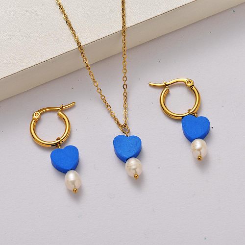 Fashion fresh water pearl 18k gold plated stainless steel jewelry sets-SSCSG142-34809