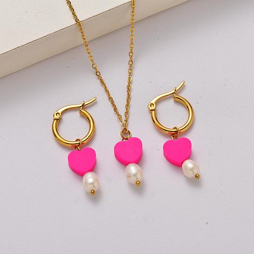 Fashion fresh water pearl 18k gold plated stainless steel jewelry sets-SSCSG142-34810