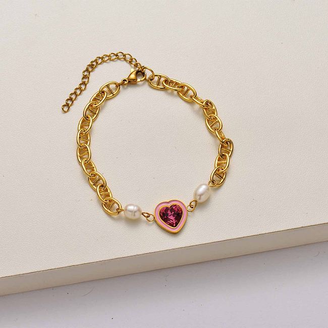 Heart pearl 18k gold plated stainless steel bracelet-SSBTG142-34723