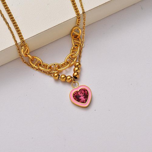 Fashion Heart Kristall Halskette aus 18 Karat vergoldetem Edelstahl-SSNEG142-34738