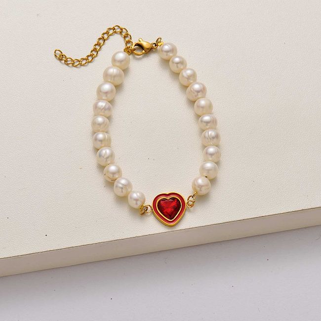 Bracelet en acier inoxydable coeur perle-SSBTG142-34715