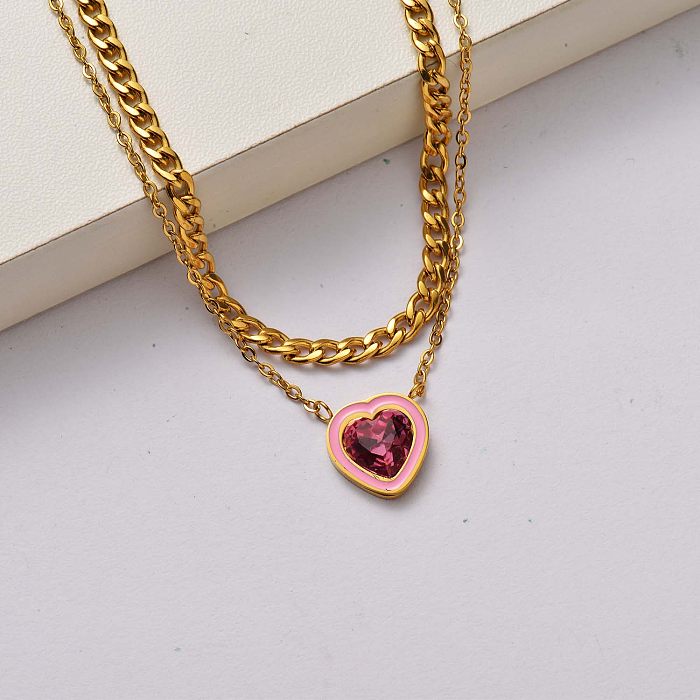 Fashion Heart Kristall Halskette aus 18 Karat vergoldetem Edelstahl-SSNEG142-34750