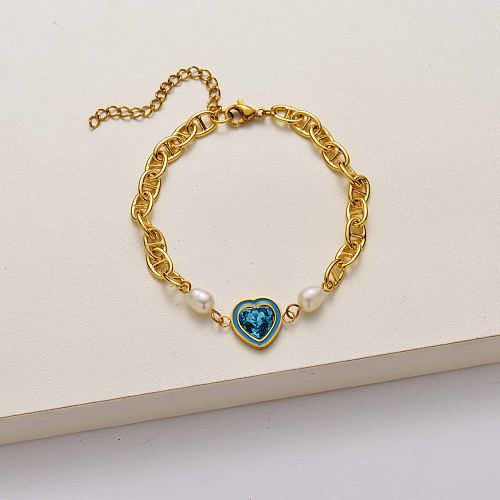 Pulsera de acero inoxidable chapado en oro de 18 quilates con perlas de corazón-SSBTG142-34725