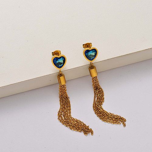 Heart crystal tassel 18k gold plated stainless steel earrings-SSEGG142-34820