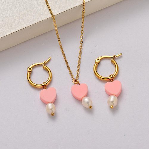 Fashion fresh water pearl 18k gold plated stainless steel jewelry sets-SSCSG142-34811