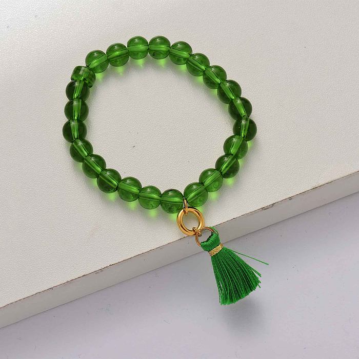 Bracelet de perles élastiquées vert pompon-SSBTG142-34659