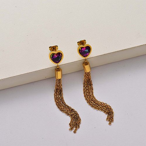 Heart crystal tassel 18k gold plated stainless steel earrings-SSEGG142-34818