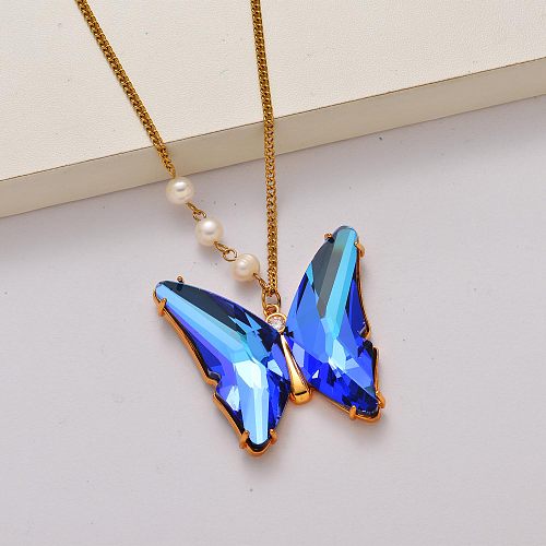 Butterfly crystal fresh water pearl 18k gold plated stainless steel necklace-SSNEG142-34796