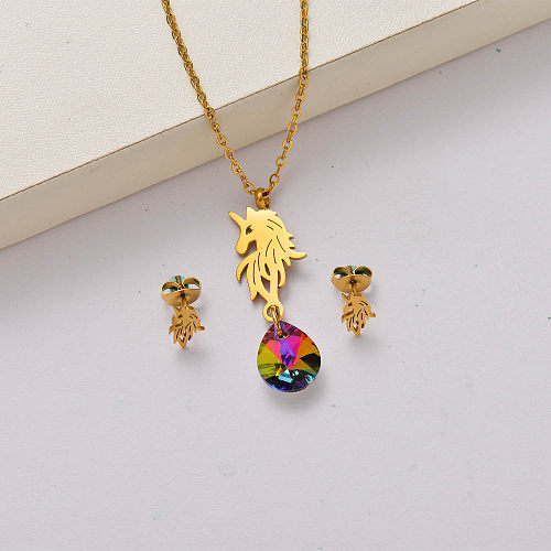 Conjuntos de joyas de acero inoxidable chapado en oro de 18 quilates con cristal de unicornio-SSCSG142-34802
