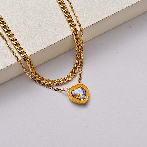 Fashion Heart Kristall Halskette aus 18 Karat vergoldetem Edelstahl-SSNEG142-34735