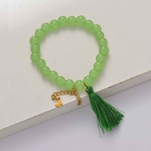 Bracelet de perles élastiquées vert pompon-SSBTG142-34658