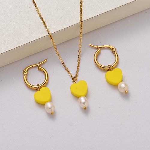 Fashion fresh water pearl 18k gold plated stainless steel jewelry sets-SSCSG142-34817