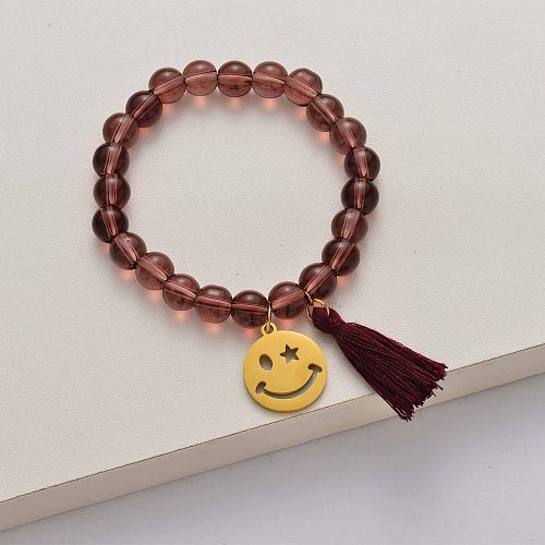 Smiling face tassel elasticated beaded bracelet-SSBTG142-34683