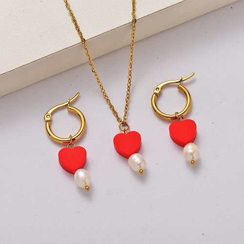 Fashion fresh water pearl 18k gold plated stainless steel jewelry sets-SSCSG142-34815